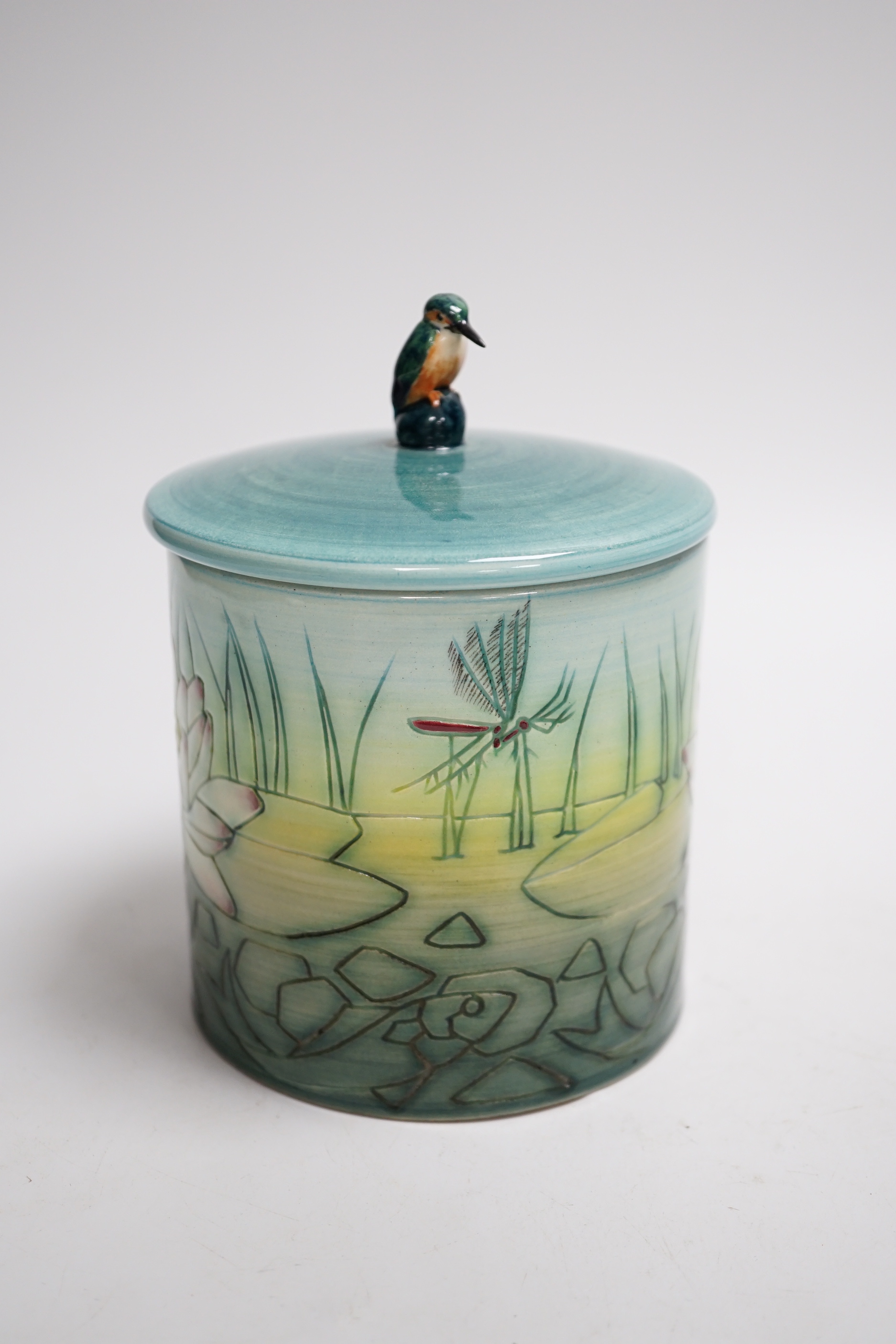 A Sally Tuffin for Dennis China Works 2003 ‘kingfisher’ lidded jar and similar 2006 pin dish, tallest 15cm